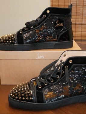 Christian Louboutin Black and Gold Sequined Spike High-Top Sneakers